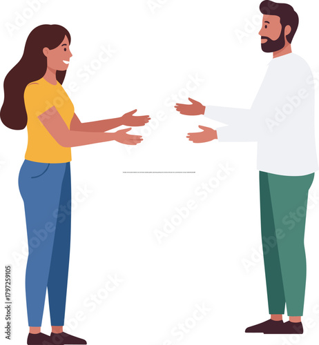 Friendly communication between man and woman standing together, expressing greeting and connection with open arms, social interaction concept, isolated illustration