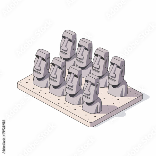 Isometric Stone Moai Statue Landscape Easter Island Illustration Element