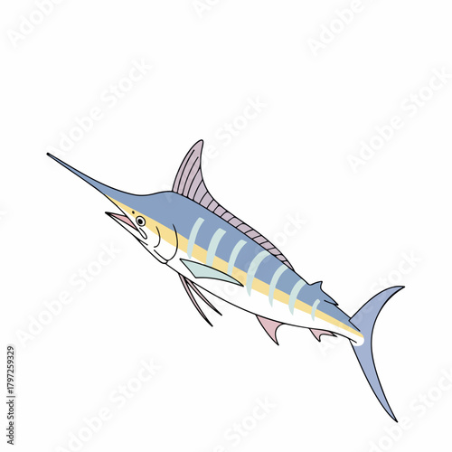 Cartoon Style Detailed Marlin Swordfish Aquatic Animal Illustration
