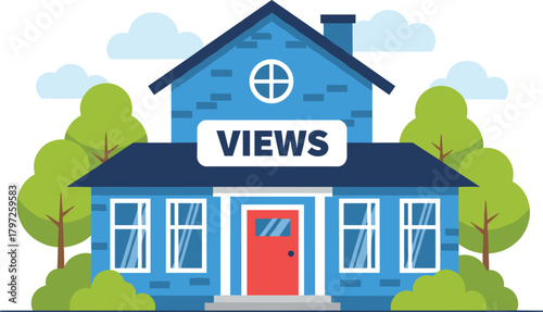 Colorful cartoon house illustration with front yard trees, modern home exterior, real estate concept, views text sign, property branding design.