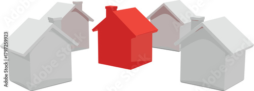 Red house standing out among white homes, unique property concept, real estate choice, leadership housing market illustration vector