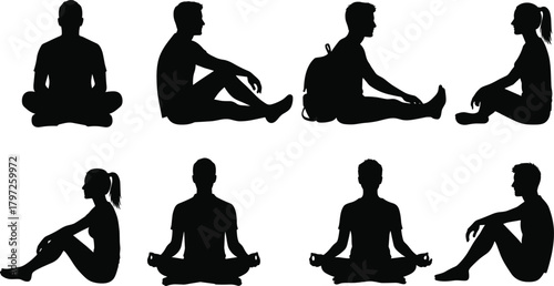 Sitting silhouette, relaxed pose, meditation figure, black vector, cross-legged person, casual posture, outdoor rest, isolated graphic, seated human, peaceful stance