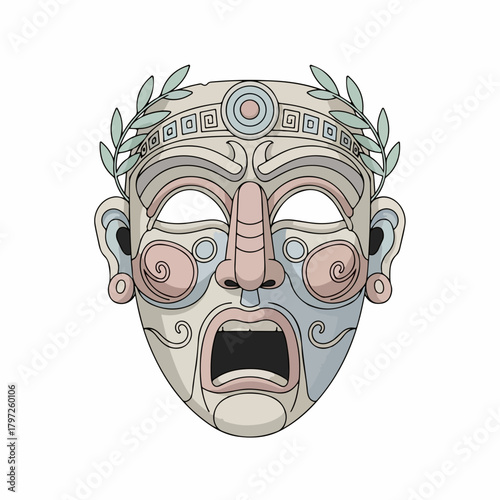 Detailed Cartoon Ancient Greek Theater Mask Tragedy Icon Illustration