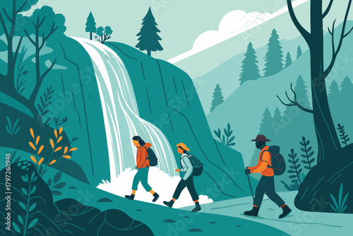 -group-of-hikers-walking-through-waterfall-trail--.eps