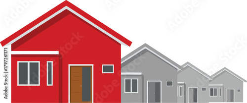 Red modern house standing out among gray homes, real estate concept, property investment, housing market illustration, urban residential architecture design