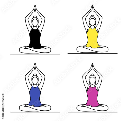 Four continuous line drawings of women meditating in a yoga pose (Padmasana) with arms raised, featuring different colored tops (black, yellow, blue, pink).
