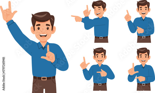 Smiling man showing hand gestures and signs, communication expression concept, cartoon character poses, learning body language illustration