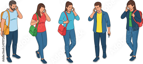 Group of young people walking and talking on smartphones, modern communication, digital lifestyle, casual fashion, outdoor urban youth illustration