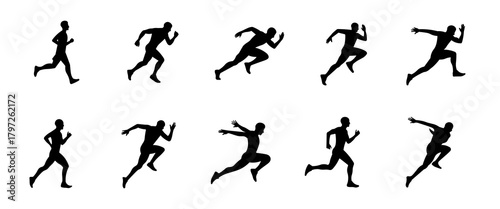 Man running silhouette. Male runner in motion. Running man silhouette vector set.