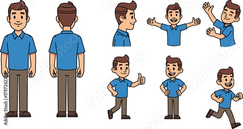 Cartoon man character in different poses and expressions, standing, walking, running, happy gesture, thumbs up, animation design concept