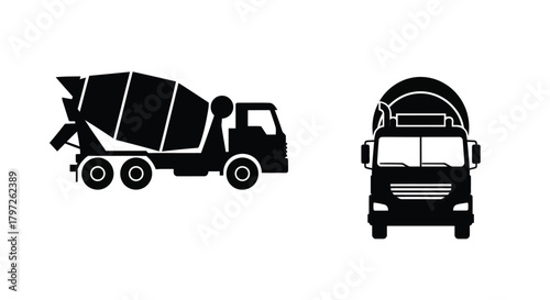 Simple black and white icons depicting a cement mixer and a semi truck