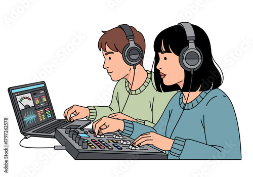 Audio Engineers Working on a Mixing Console with Laptop and Headphones