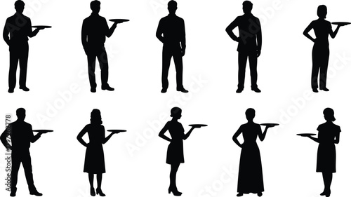 Standing figure silhouette, waiter pose, hospitality staff, black vector, tray holder, service icon, male female stance, isolated person, job role, uniformed worker