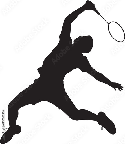 Silhouette of a male badminton player in action hitting a shuttlecock with a racket