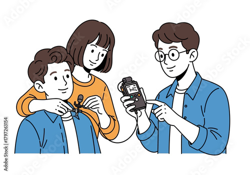 Cartoon family recording audio with a lavalier microphone and digital recorder.