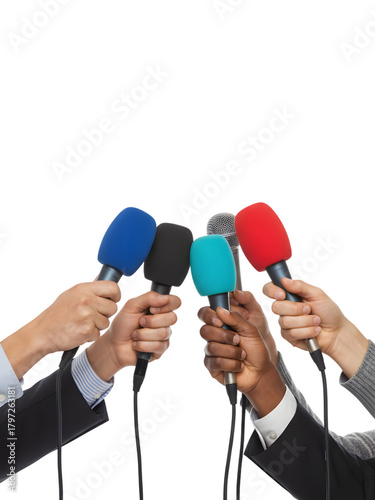 Multiple diverse hands holding colorful microphones upwards for an interview or press conference, journalism concept, isolated on transparent background