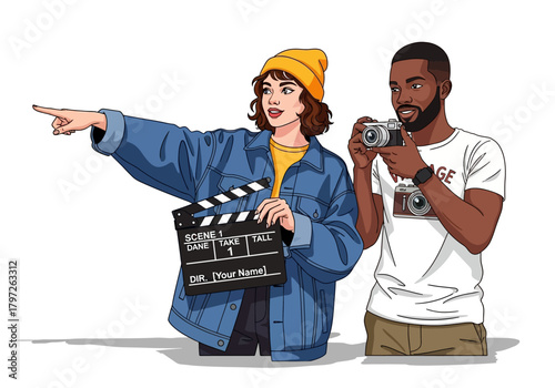 Cartoon Filmmakers: Woman Directing with Clapperboard, Man Photographing with Camera