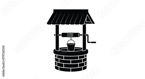 Simple black and white illustration of a classic water well structure