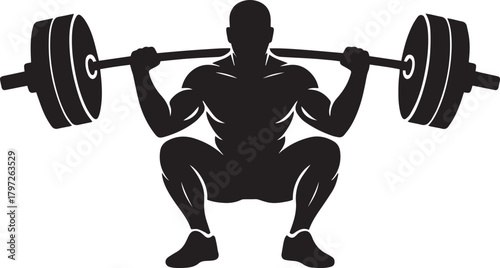Silhouette of a muscular man performing a barbell squat exercise in a gym