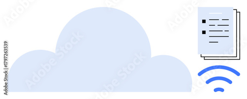 Large cloud element representing cloud storage, stack of digital files transferring via wireless signal. Ideal for cloud computing, data storage, backup, remote access, wireless transfer, online