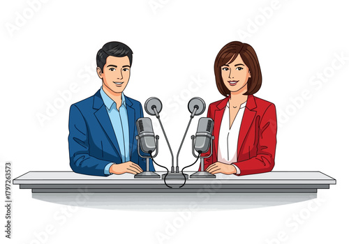 Cartoon News Anchors: Man in Blue Suit, Woman in Red Jacket, Microphones