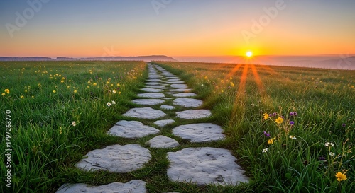Stone Path Through Meadow at Sunset: A Peaceful Nature Scene with Flowers and Golden Light
