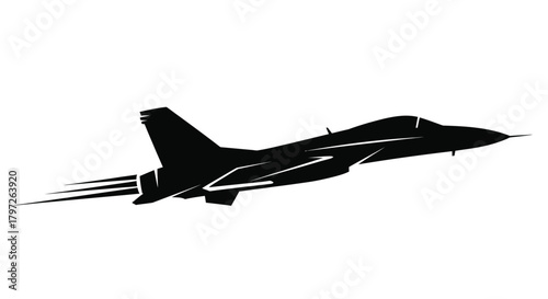 A sleek black silhouette of a fighter jet in rapid flight