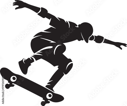 Silhouette of a skateboarder performing a trick in mid air with protective gear