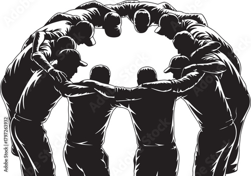 Diverse group of athletes in a huddle showing unity and teamwork in a circular formation