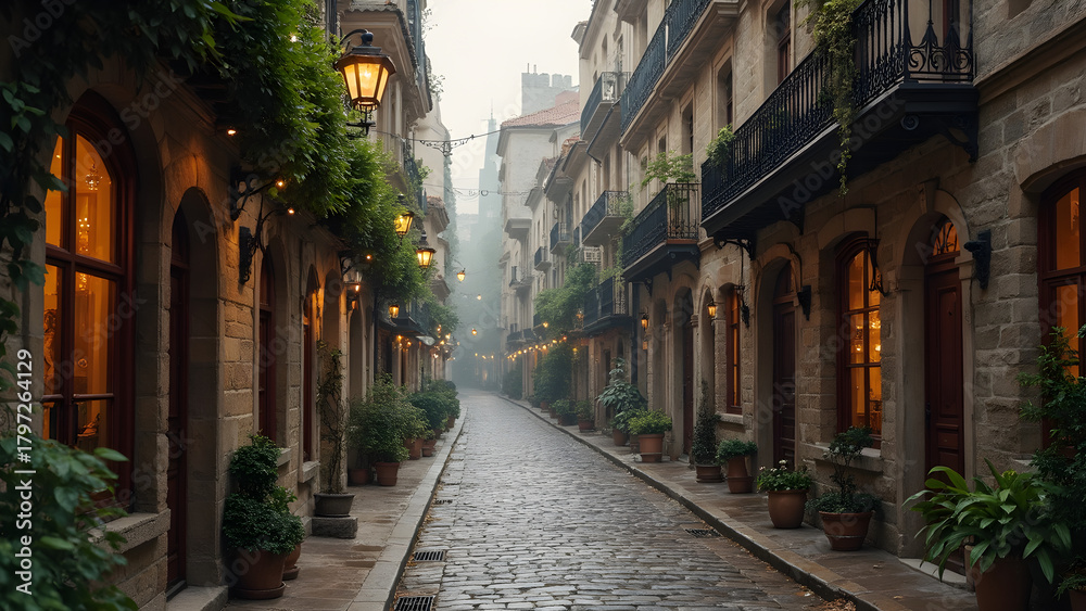 Obraz premium Historic cobblestone streets in rain. Ultra-realistic rainy scenes. Charming old town cobblestones. Serene rainy day ambiance in historic cities.