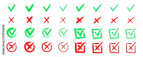 Vector Illustration, Check tick mark icon set. Cross box x check mark checkbox v list vector draw hand drawn sketch doodle brush marker checklist symbol wrong right circle. 