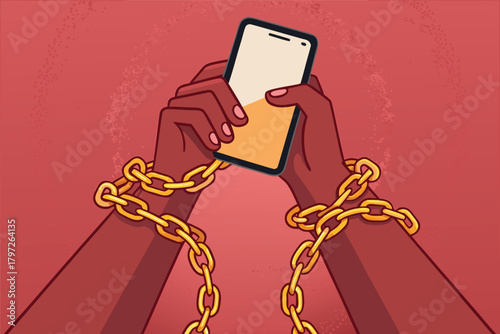 Close-up hands tightly grip smartphone, digital chains symbolizing data security and surveillance, technology, network, connection, privacy.