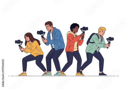 Diverse Group of Young Videographers Holding Cameras with Gimbals, Ready to Film