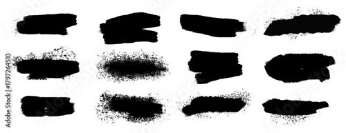 Bold black brush strokes with splatters, scribble texture, spray paint, grunge style. Dried stencil smear, ink stains with paint drips and dirty scribbles for logo, Black set of black ink splashes