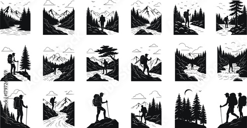 hiking, nature, landscape, silhouette, mountain, river, forest, adventure, outdoor, trekking, trail, pine, view, exploration, scenery