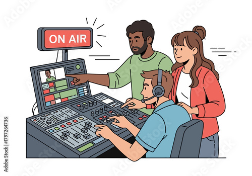 Diverse Team Operating Broadcast Control Panel with "On Air" Sign