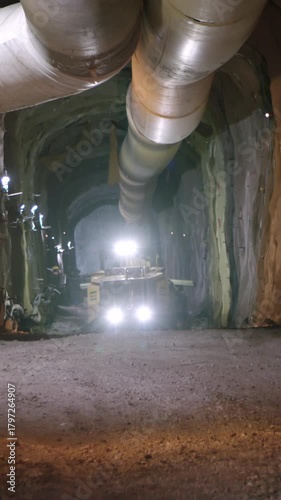 Large construction trucks working inside a tunnel