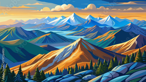 Very beautiful view from Mount Washington in New Hampshire, featuring sweeping alpine ridges, vast valleys, and rugged terrain under clear bright skies, capturing the dramatic high-elevation scenery o