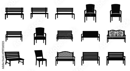 Collection of minimalist black silhouettes depicting various benches and chairs