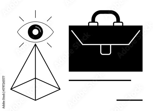 Eye hovering above pyramid next to briefcase, symbolizing observation, strategy, and professionalism. Ideal for vision, business planning, surveillance, corporate strategy, leadership foresight
