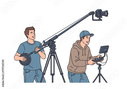 Film Crew Operating Camera Crane and Monitor Equipment for Movie Production