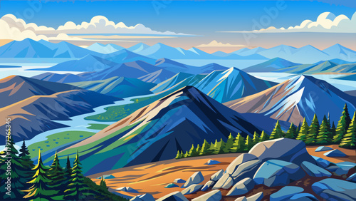 Very beautiful view from Mount Washington in New Hampshire, featuring sweeping alpine ridges, vast valleys, and rugged terrain under clear bright skies, capturing the dramatic high-elevation scenery 