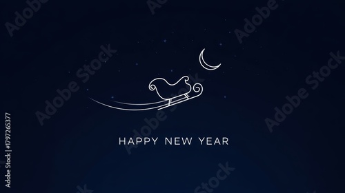 Happy New Year greeting card with a sleigh flying across the night sky