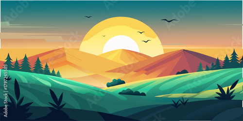 Green Hills Welcoming Dusk/Morning: Premium Vector Illustration. Bring the serenity of nature into your digital designs. Perfect for a nature-themed website header, desktop wallpaper, or app backgroun