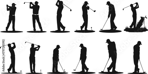 golf, golfer, swing, silhouette, posture, putting, club, ball, stance, motion, technique, follow-through, tee, drive, equipment