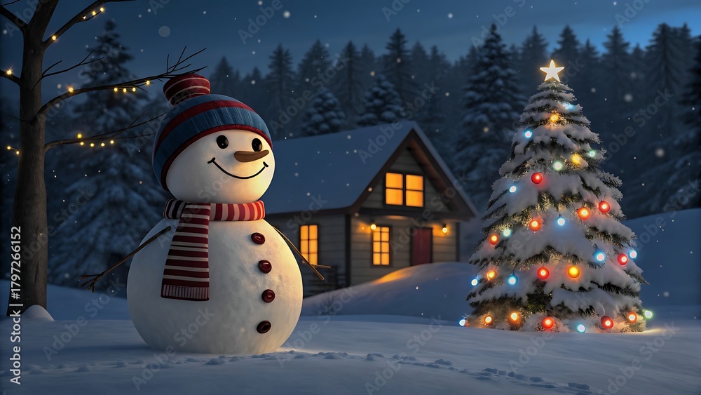 Obraz premium Joyful snowman and festive christmas tree in a winter wonderland scene