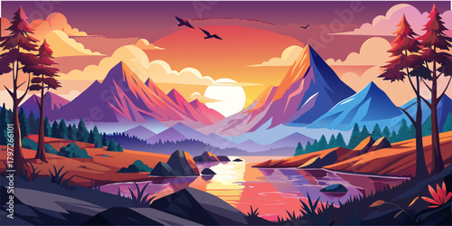 Hills Welcoming Dusk/Morning: Premium Vector Illustration. Bring the serenity of nature into your digital designs. Perfect for nature-themed website headers, desktop wallpapers, or app backgrounds.