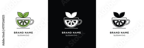 Three variations of a tea cup logo featuring a leaf motif, each in green, white, and black color schemes. Ideal branding.