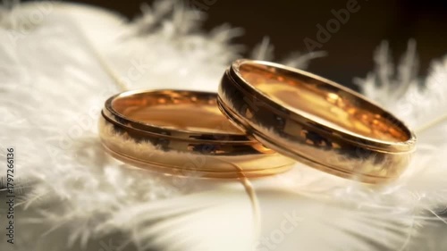 Elegant gold wedding rings rest on soft white feathers.