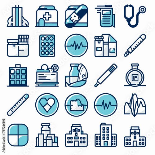 Modern medical icon set perfect for healthcare designs and health promotions, ideal for hospitals, clinics, and pharmaceutical companies seeking a clean aesthetic